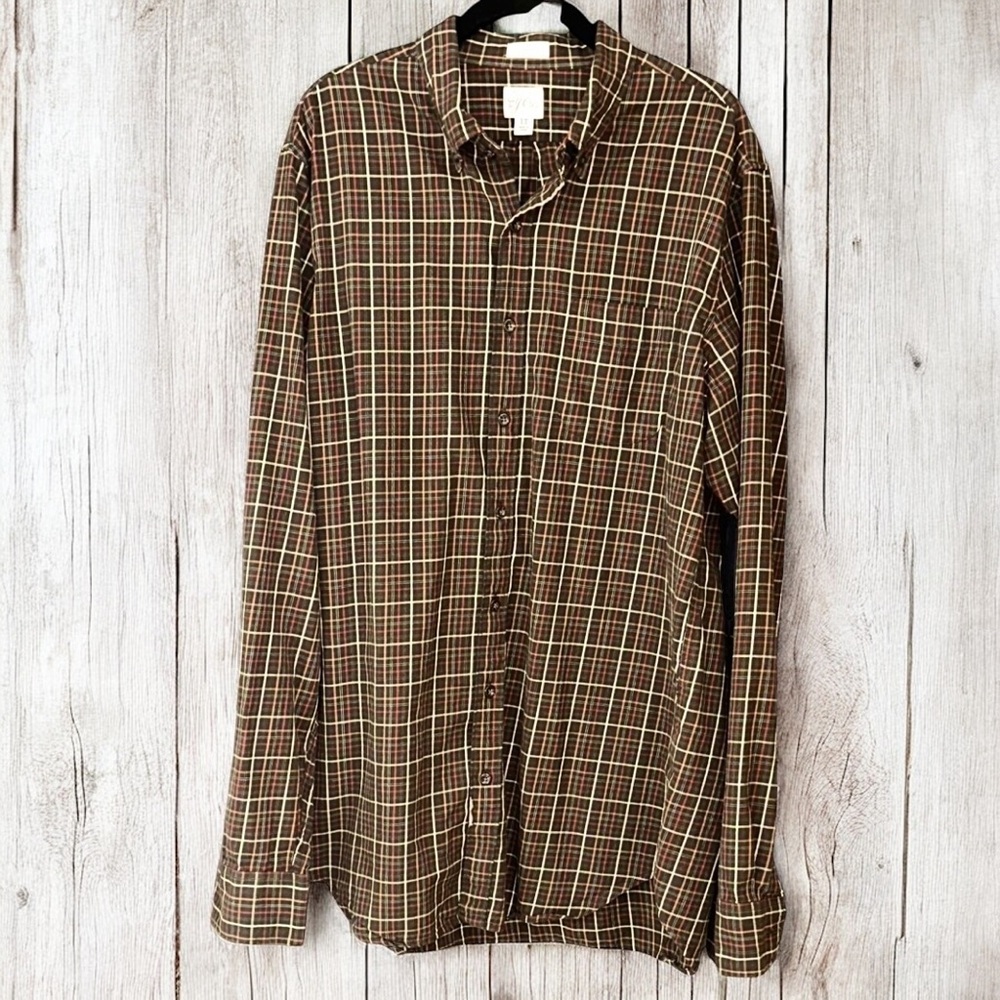 J. Crew Shirt Mens Cotton Brushed Twill Brown Plaid Button Down Shirt Sz L/Tall - Picture 2 of 5